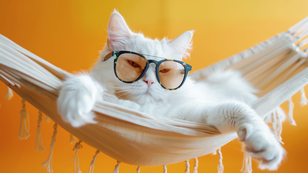 adorable gato blanco con gafas de sol en una tumbona